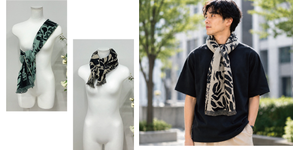 トルソーに巻いたパッチワークタオルマフラーと、男性が着用しているコーディネート例