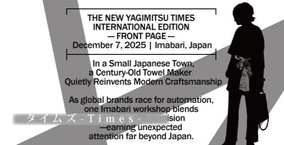 新聞紙面風のデザインが斬新なタオルマフラー。今治発の職人技を英字タイポグラフィで表現した、ユニークでスタイリッシュな一枚。